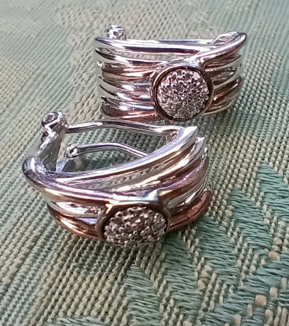 EFFY Multi Band Sterling Silver 925 & 14k Rose Gold Diamond Huggie Earrings NWOB